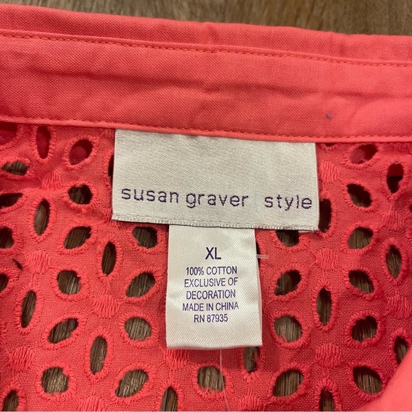 Susan Graver Button Up Shirt Women’s XL Coral Eyelet Cotton Long Sleeves Spring - Picture 7 of 8